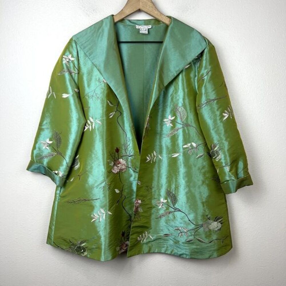 Grace Chuang Floral Embroidered Jacket Size L‎ Green Jacquard Art To Wear Dressy